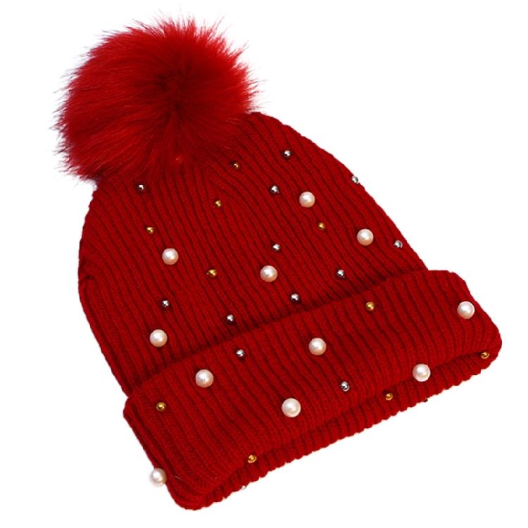Solid Color Pearl Pompom Wool Hat Knitted Hat Beanie Hat Thicken Stretchable
