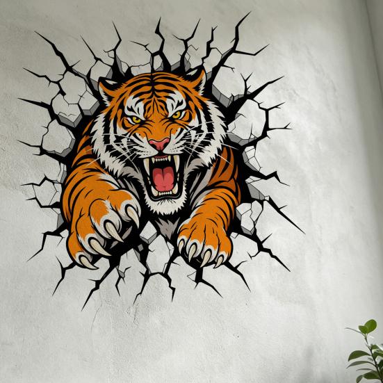 Removable Vinyl Wall Stickers 3D Tiger Stickers, Peel And Stick Roaring Decals, PVC Modern Decoration Ideas Art Mural Decor, Realistic Cracked Sticker