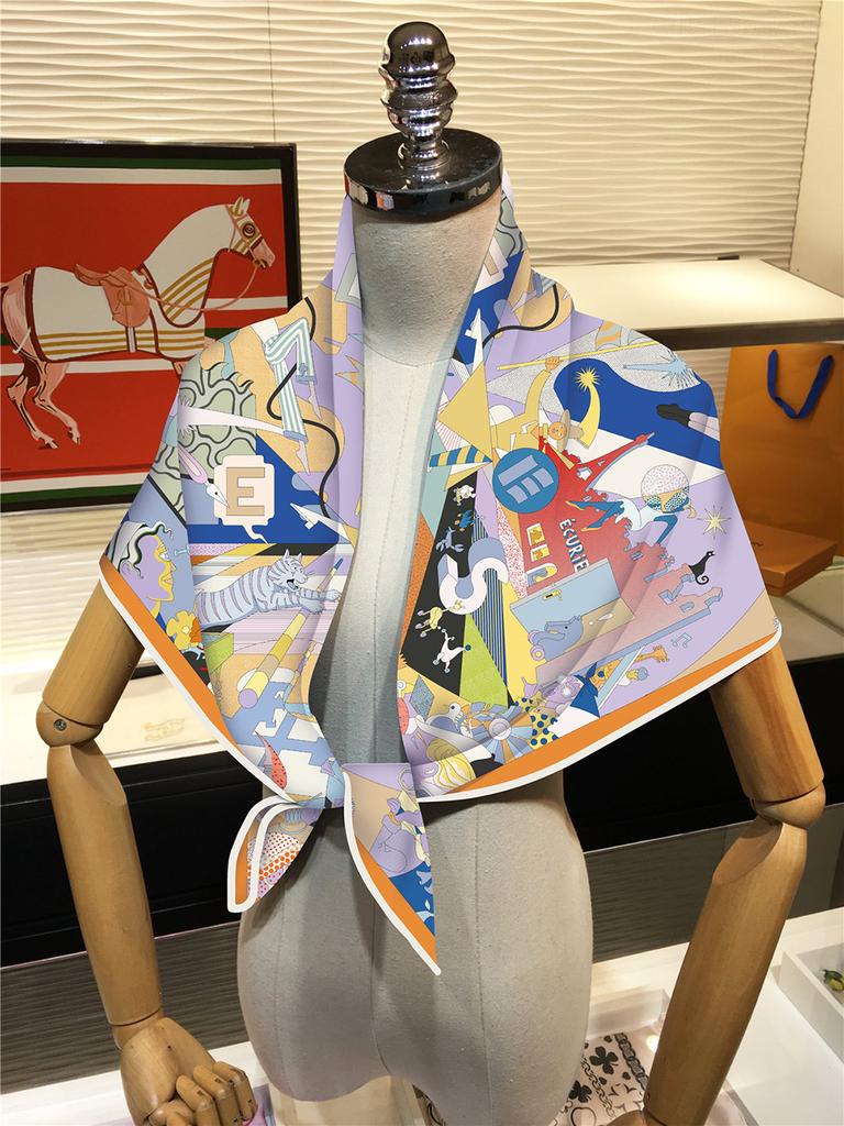 Twill Silk Scarf Shawl Brand Cartoon Circus Performance Square Scarf Women Hijabs Bandana Foulard Neckerchief Head Scarves