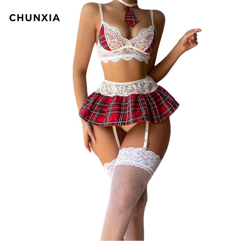 Neuer Karopliettrockenrock Cosplay Spitze Hohlspitze Dessous Damen