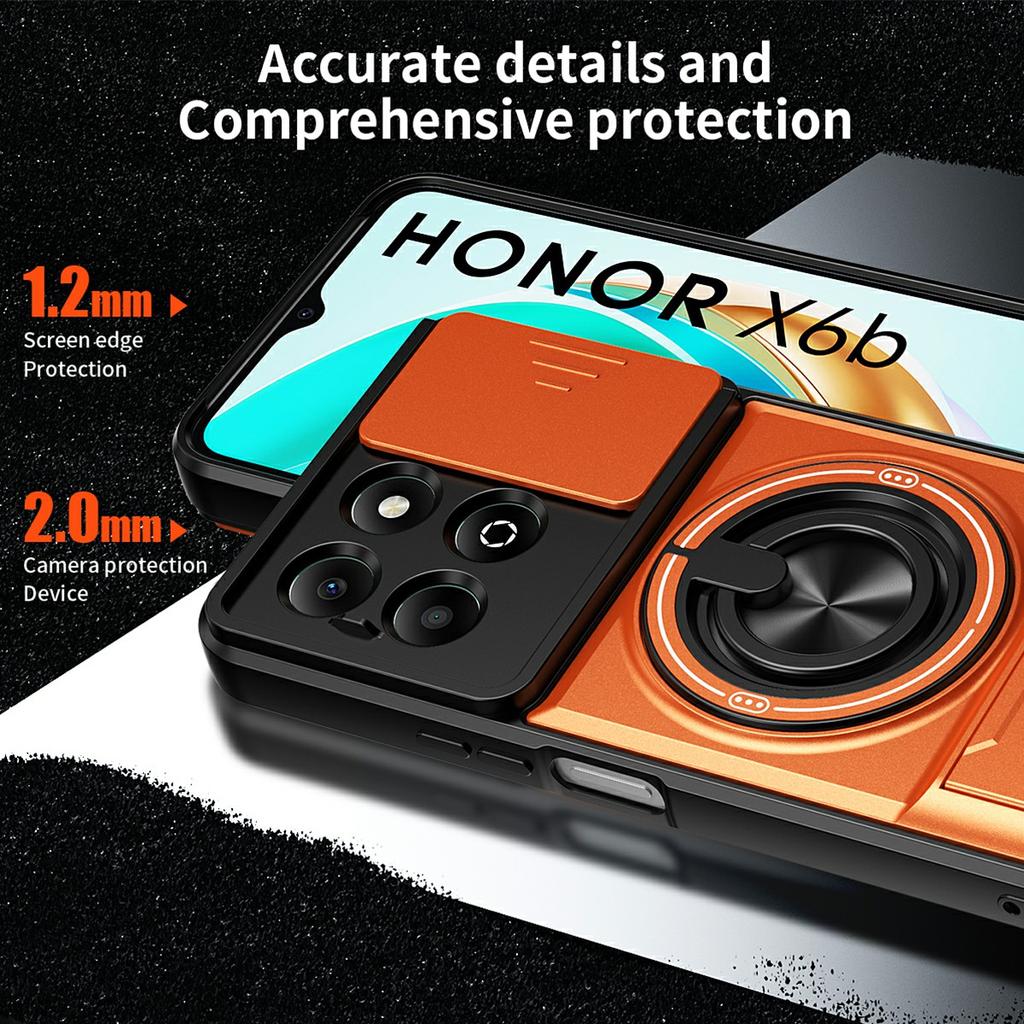 For Honor X6b 4G Magnetic Case Ring Holder Foldable Kickstand TPU PC Phone Cover with Camera Lens Slider