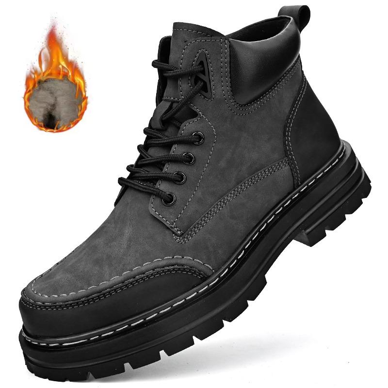 New Winter Fleece Lining Warm Men's Leather Boots, Outdoor Hiking Anti-slip Short Boots, All-season Men's Boots and Casual Boots