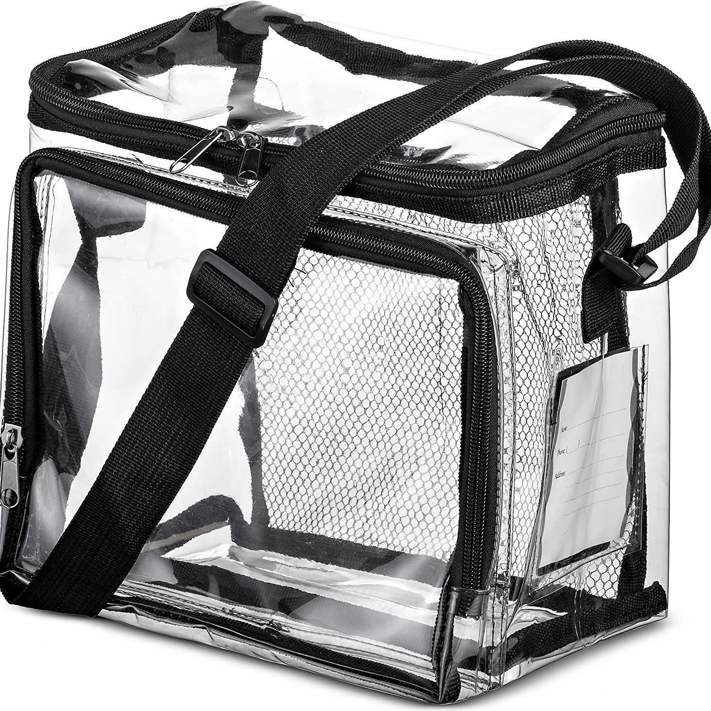 

PVC transparent lunch bag adjustable strap front storage compartment mesh pocket outdoor lunch bag Environmentally friendly PVC40 wire чёрный