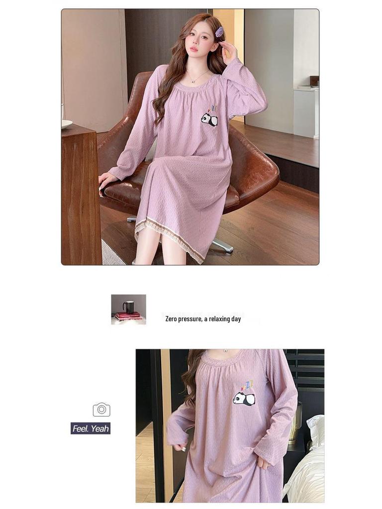Jacquard Sweet Princess Long Sleeve Mid-Length Lazy Sleepdress, Plus Size, Spring & Autumn