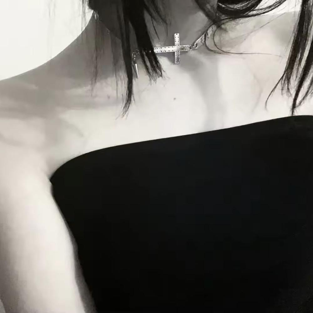 Vintage Silver Color Spliced Cross Rivet Choker Necklace Punk Grunge Rock Cool Necklace Women Y2k Korean Fashion Choker Necklace
