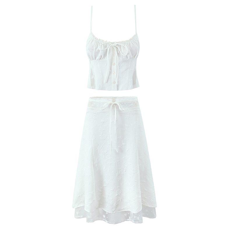 White Rose Julie Set French style Pure Design Embroidery Lace Sling + Mesh Patchwork Skirt Two-piece Set