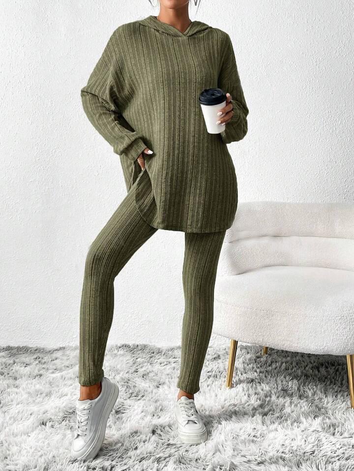 Autumn/Winter 2025 Ribbed Hooded Long Sleeve Casual Women's Set