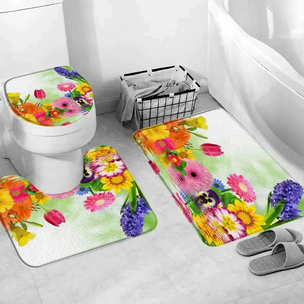 Red Rose Flower Bath Mat Set Fresh Florals Fields and Garden Plant Non-slip Toilet Lid Foot Rug Floor Mat Bathroom Accessory Set