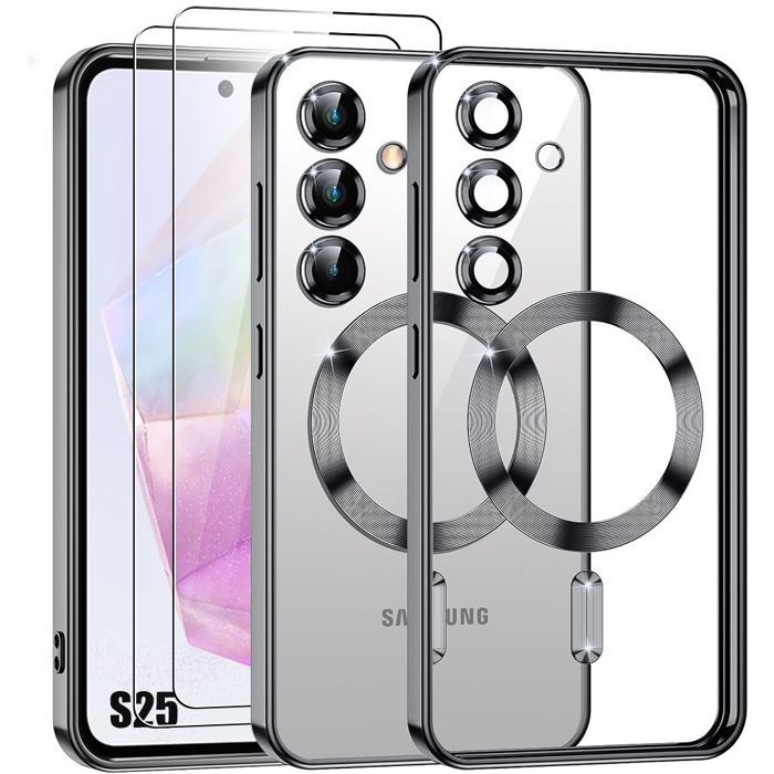 Coque pour Samsung Galaxy S25 avec Cercle Magnétique - Noir + 2 Verres Trempés - BOOLING®