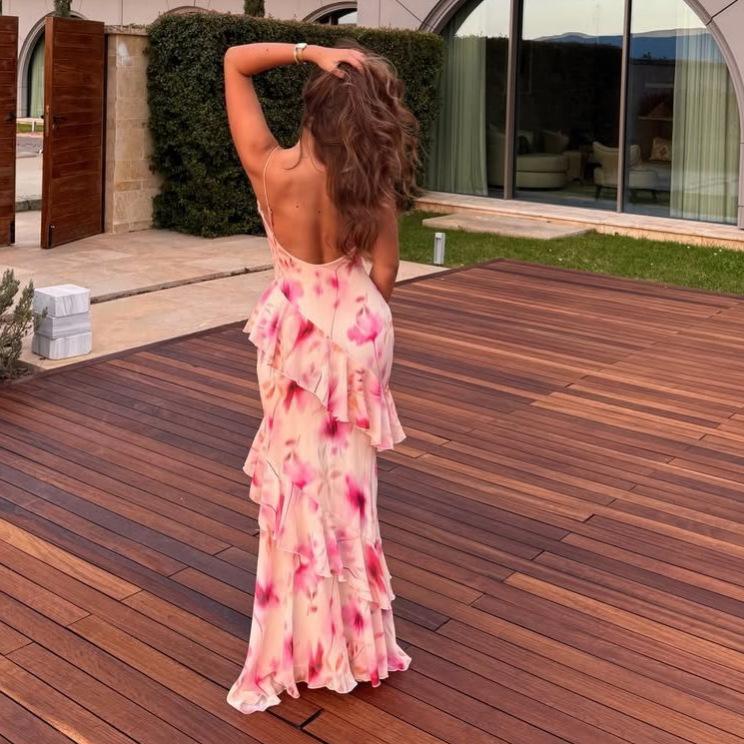 European and American style new casual and comfortable backless flower print dress sexy pink holiday suspender dress