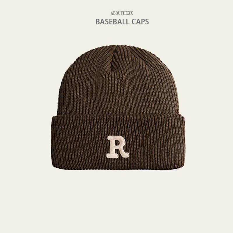 Hats for Women's Autumn and Winter New Warm Knitted Hat Korean Version Versatile R Letter Wool Hat Couple Head Hat Men's Trend