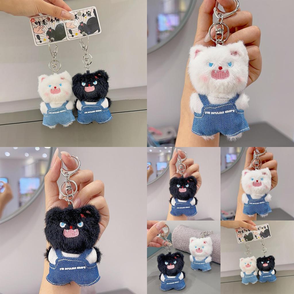 Plush Angry Cat Keychain With Denim Overalls For Anime Collectors And Gift Givers