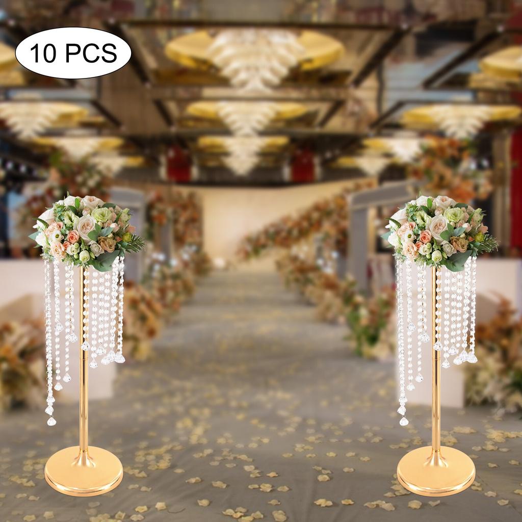 10 Pcs 27.5inch Tall Crystal Look Flower Stands, Elegant Gold Metal Table Centerpieces for Weddings & Party Decor, Bulk Vase Set