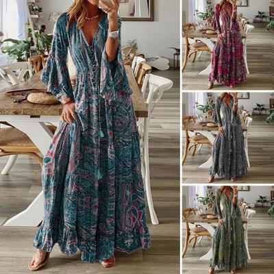 Women Maxi Dress V-neck Colorful Print Horn Sleeve High Waist Loose Hem Dress-up Patchwork Plus Size Bohemian Lady Beach Dress Female Clothes
