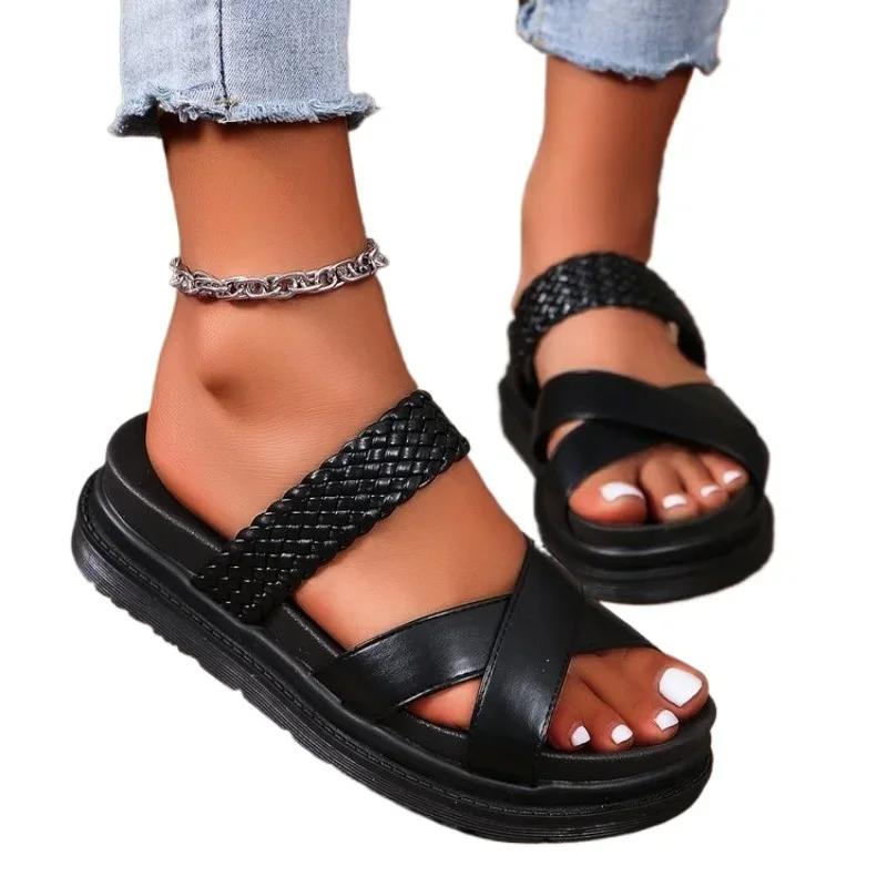 Summer Women Sandals Sexy Open Toe Broad Band Crossover Slip-On Thick Platform Shoes Casual Flat Slippers Big Size 43