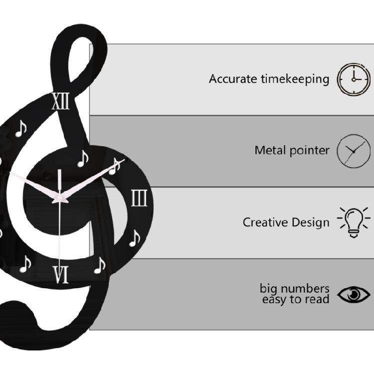 Analoge Wanduhr aus Acryl, schwarz, mit 3D-Musiknoten-Design, leises Uhrwerk, Hängeuhr-Dekorationen, einfache Hakenmontage