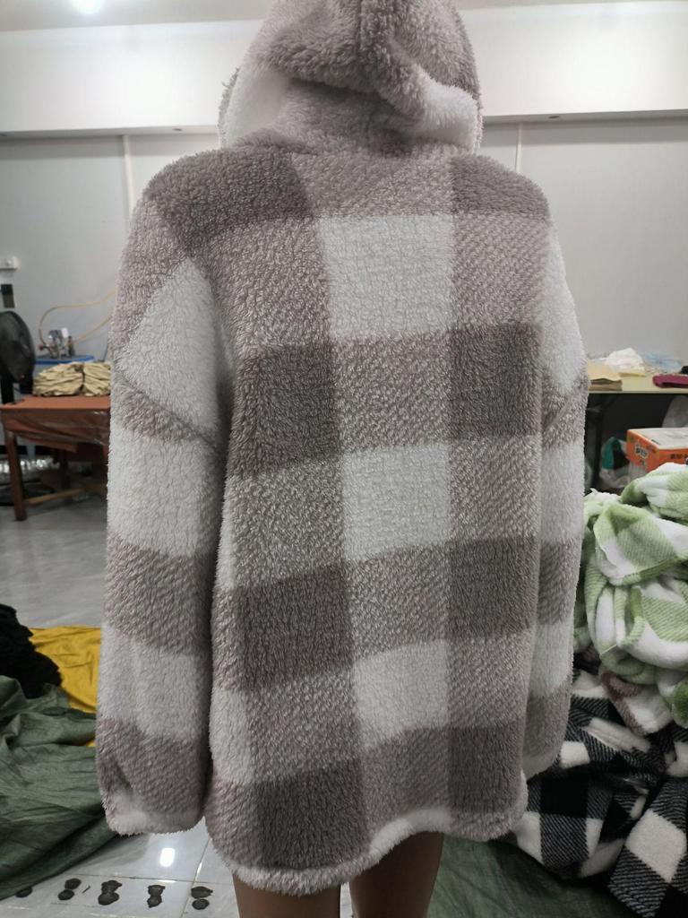 2025 Plaid Loose Fit Long Sleeve Hooded Fuzzy Zip-Up Cardigan Jacket