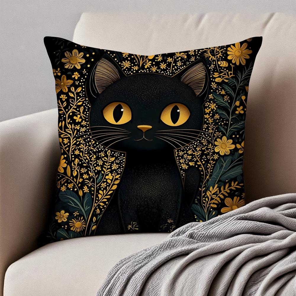 Art Black Cat Cushion Cover Pillowcase Antidustmite Invisible Zipper Short Plush Sofa Cushion