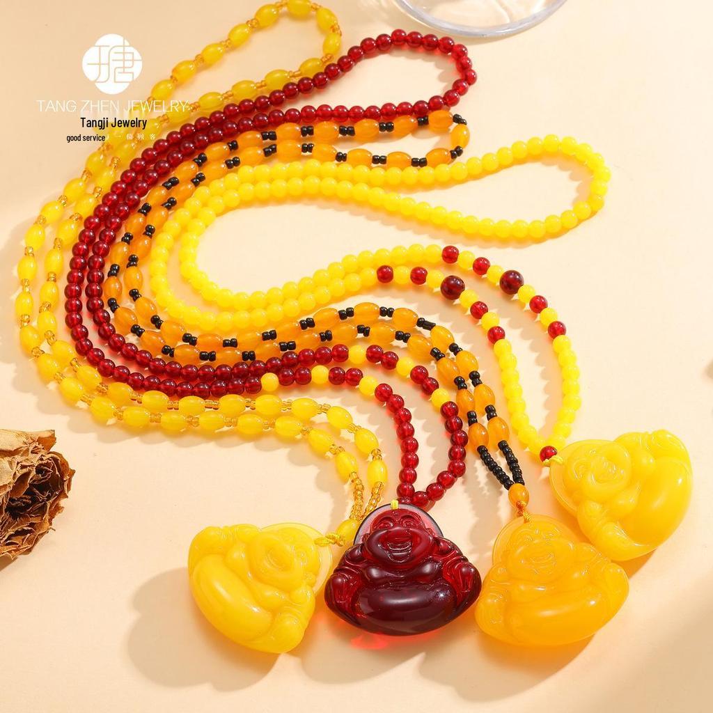 Buddha Pendant Necklace in Chicken Fat Yellow and Amber for Men and Women - Ethnic Style