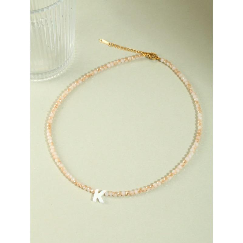 1pc European And American Style Shell Letter Pendant Collarbone Necklace With Crystal Beaded Chain, Super Shiny