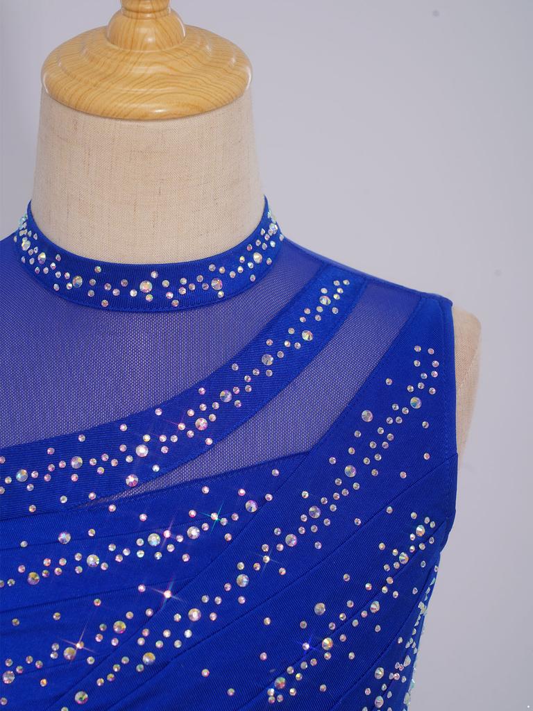 Mädchen Mesh Patchwork Ärmellos Cutout Rücken Raffung Hoher Niedriger Saum Glitzernder Strassstein Kleid Tanzaufführungskleid