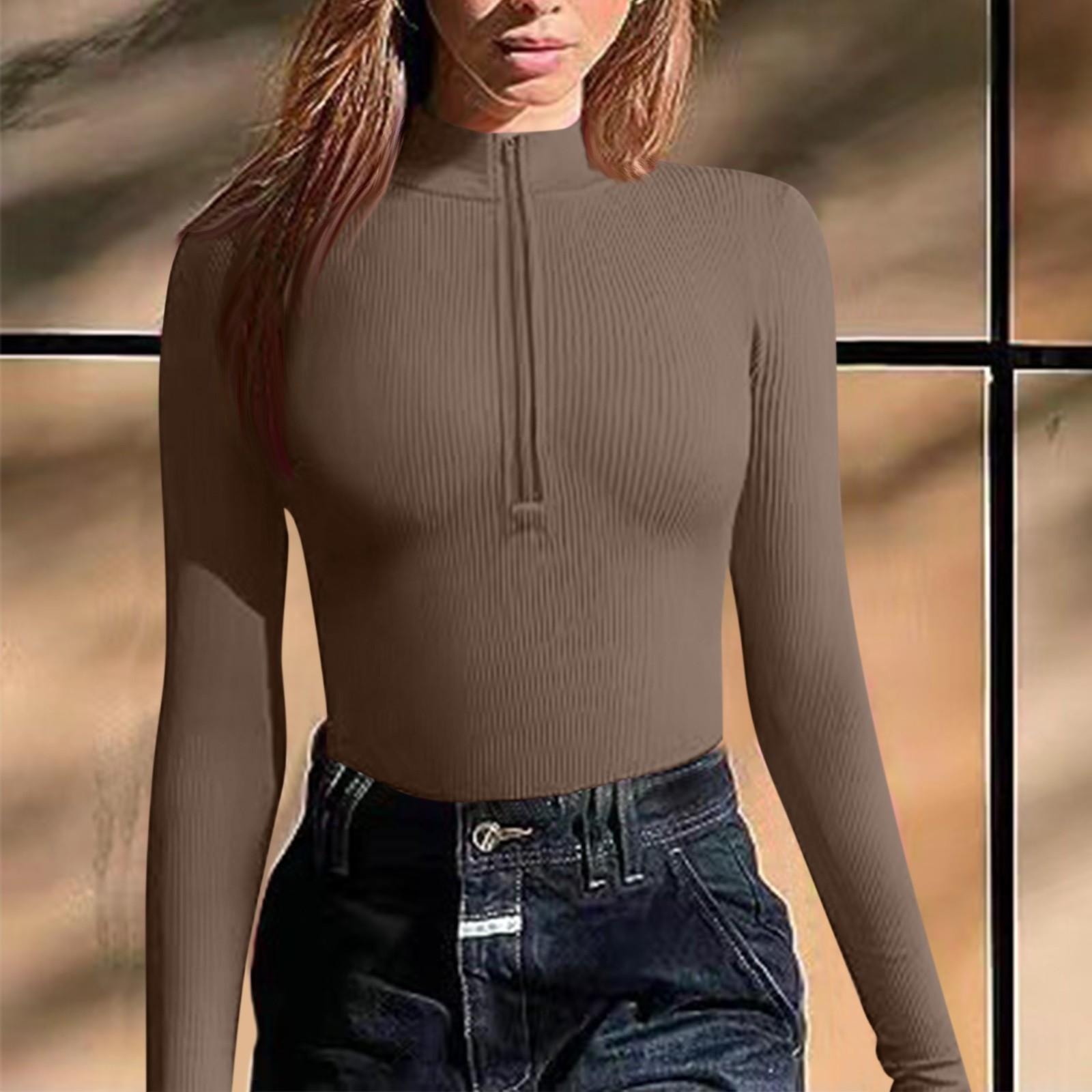 

Женский модный сексуальный однотонный топ с круглым вырезом и длинным рукавом на молнии, тонкий комбинезон M бронзовый