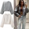 Oberbekleidung Cropped Bomberjacke Damen Herbst Langarm Kunstwolle Mäntel für Damen Winter Reißverschluss Grau Beige Kurzmäntel