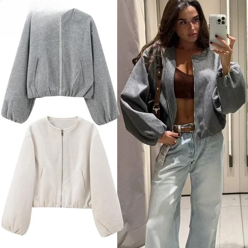 Oberbekleidung Cropped Bomberjacke Damen Herbst Langarm Kunstwolle Mäntel für Damen Winter Reißverschluss Grau Beige Kurzmäntel