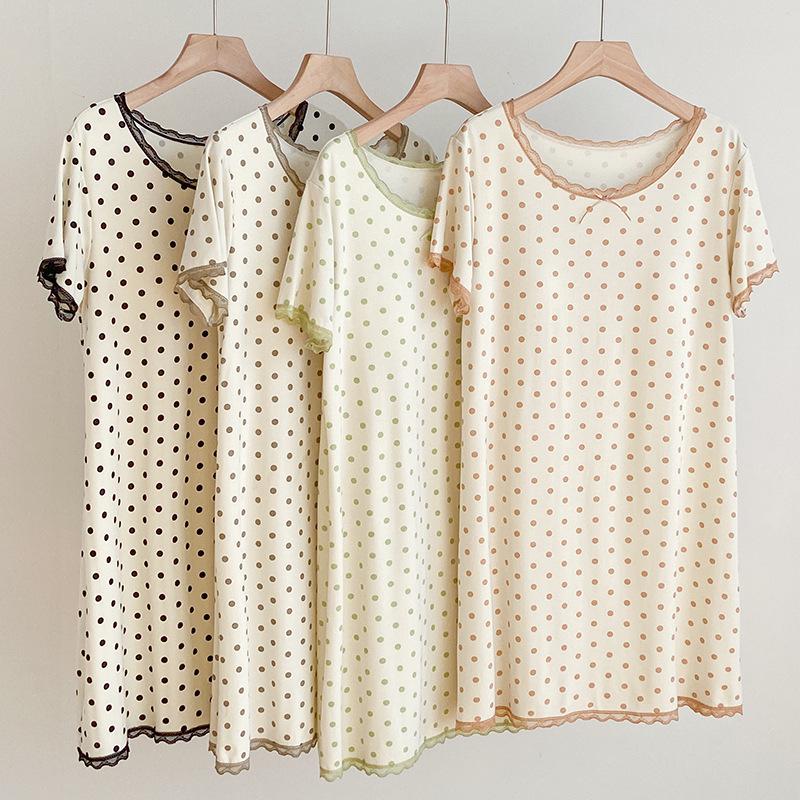 Polka Dot Girly Short Sleeve Modal Nightgown with Lace and Chest Pad
