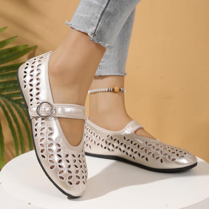 

Туфли на плоской подошве с большими отверстиями для женского лета, новые, дышащая сетка с сандалиями для женщин 43 шампанского