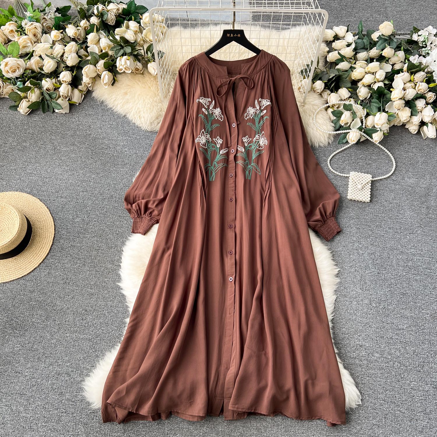 

Винтажное элегантное свободное платье с вышивкой в ​​Корейском стиле, повседневные женские трапециевидные платья, летние и весенние платья, большие размеры One Size кофейный