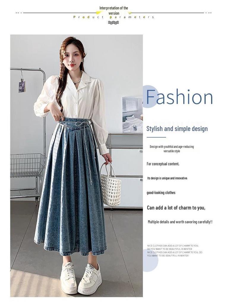 2025 Frühling/Sommer Koreanischer A-Linien Denim Midirock mit plissiertem Saum und elastischer hoher Taille.