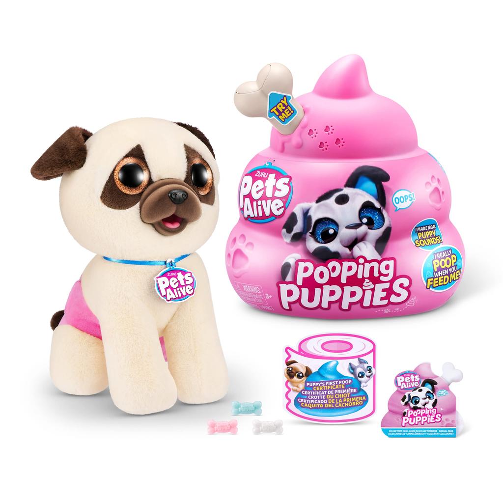 ZURU Pets Alive Poop Puppy (Pug) Surprise Puppy Plush Toy, Ultra Soft Stuffed Animal, Interactive Toy Pet, Electronic Pet Puppy for Girls and Kids