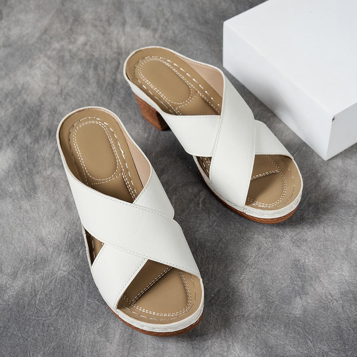 

2026 Summer Women s Plus Size Cross Strap Hollow Out Chunky High Heel Casual Slippers 43 білий