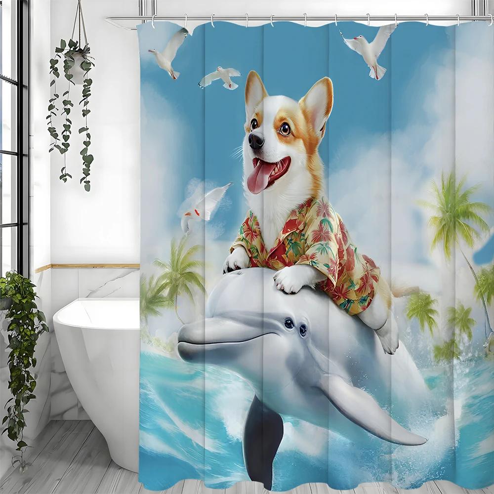Rida Delfin Corgi Ocean Kokospalm Duschdraperi, Dekorativt Duschdraperi för Badrum, Vattentätt Duschdraperi med Krokar