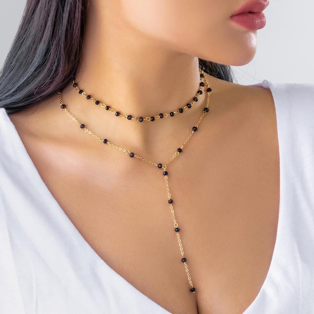 Simple Imitation Crystal Handmade Chain Fringed Necklace Female, Versatile Temperament Double-Layer Necklace