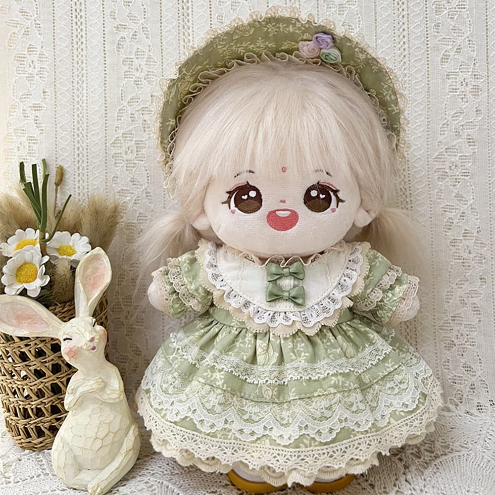 niannyyhouse 20cm Plush Clothes, Vintage Floral Lace Dress, Headwear, Dress-Up, Cotton Doll, Accessories (Gray-Blue)