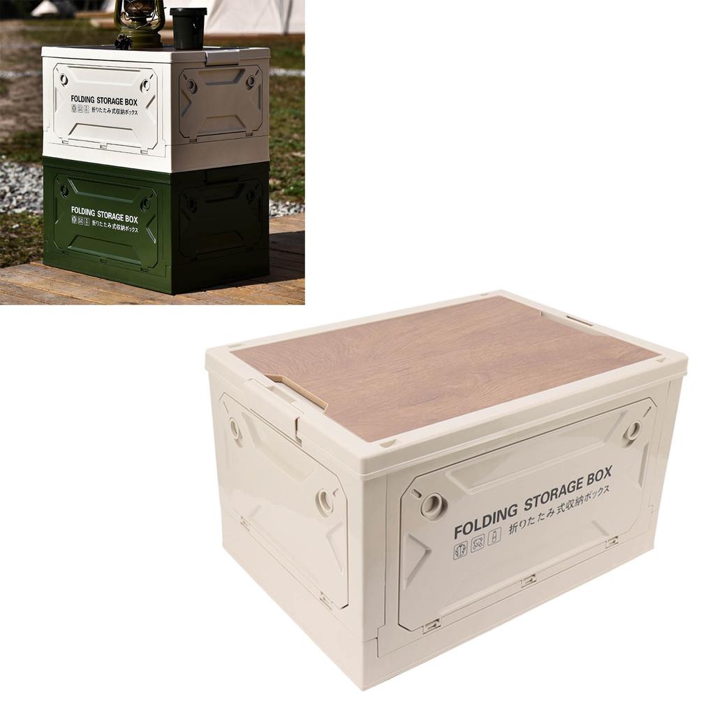 Folding Camping Storage Box with Wooden Lid Collapsible Storage Bin Container with Wheels for Car Camping Picnic