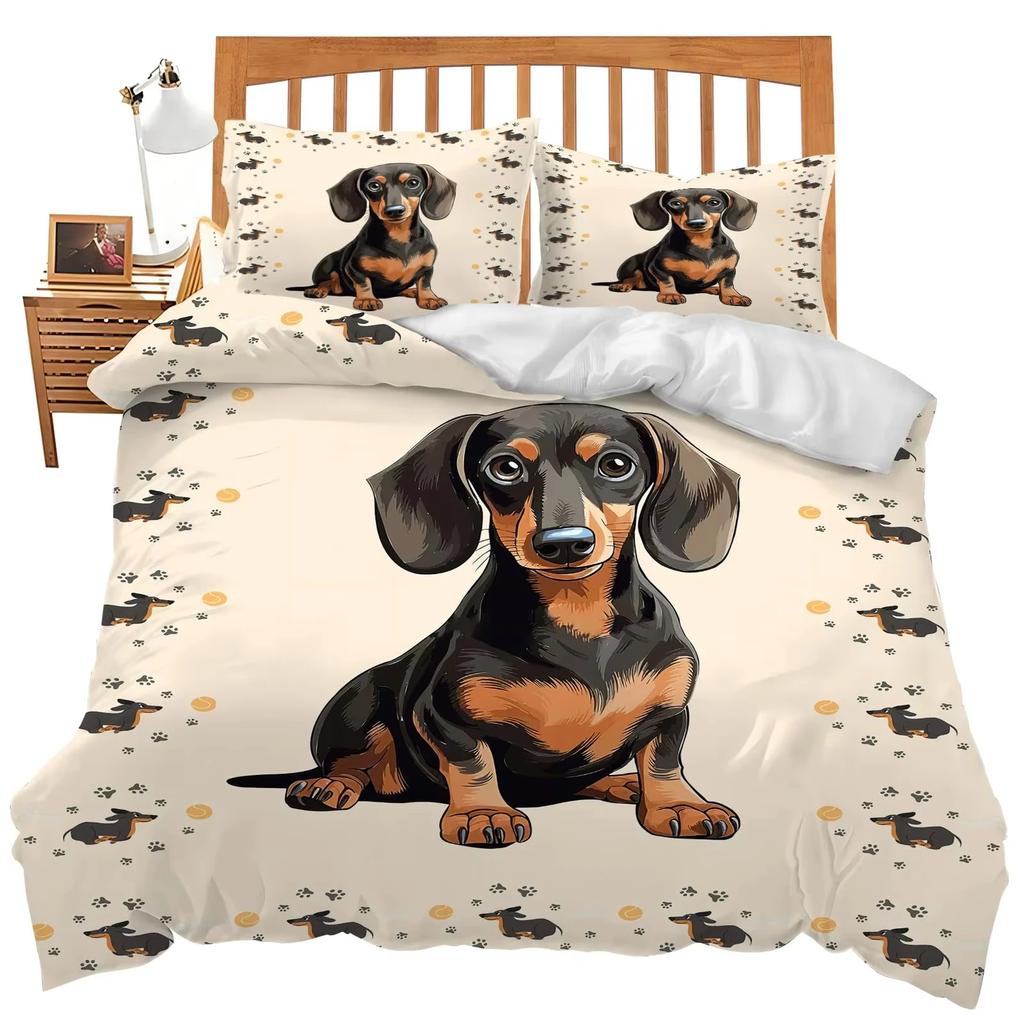 Dachshund Duvet Cover Set Cartoon Puppy Ultra Soft Breathable Comforter Cover With Zipper Adults And Kids Dog Queen King Bedding
