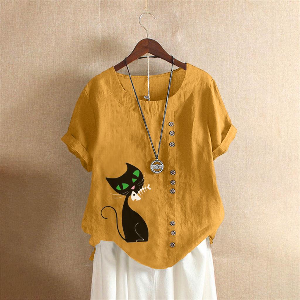 Summer Oversized Cotton and Linen Short-sleeved T-shirt, Cotton and Linen Cat Printed Oversized Women's Clothing