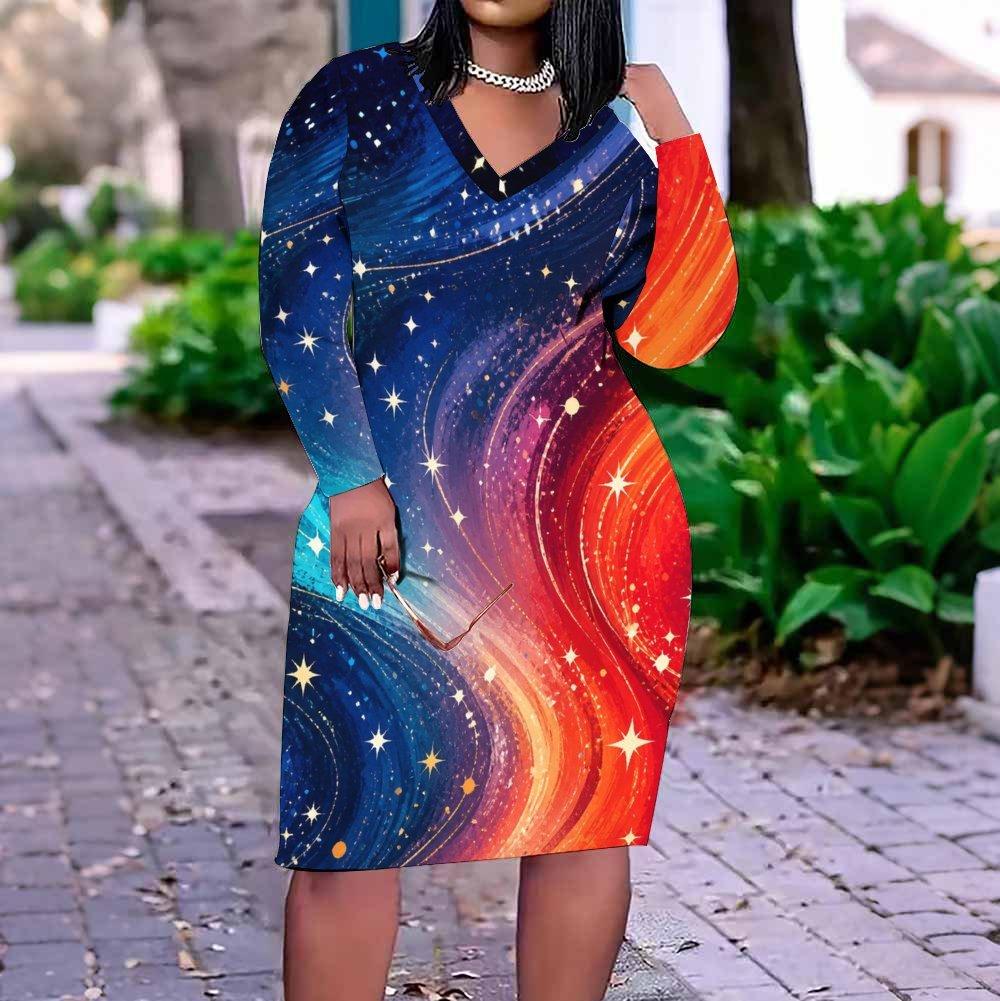 Women Plus Size V Neck Long Sleeve Navy Blue Red White Printed Fitted Straight Dress