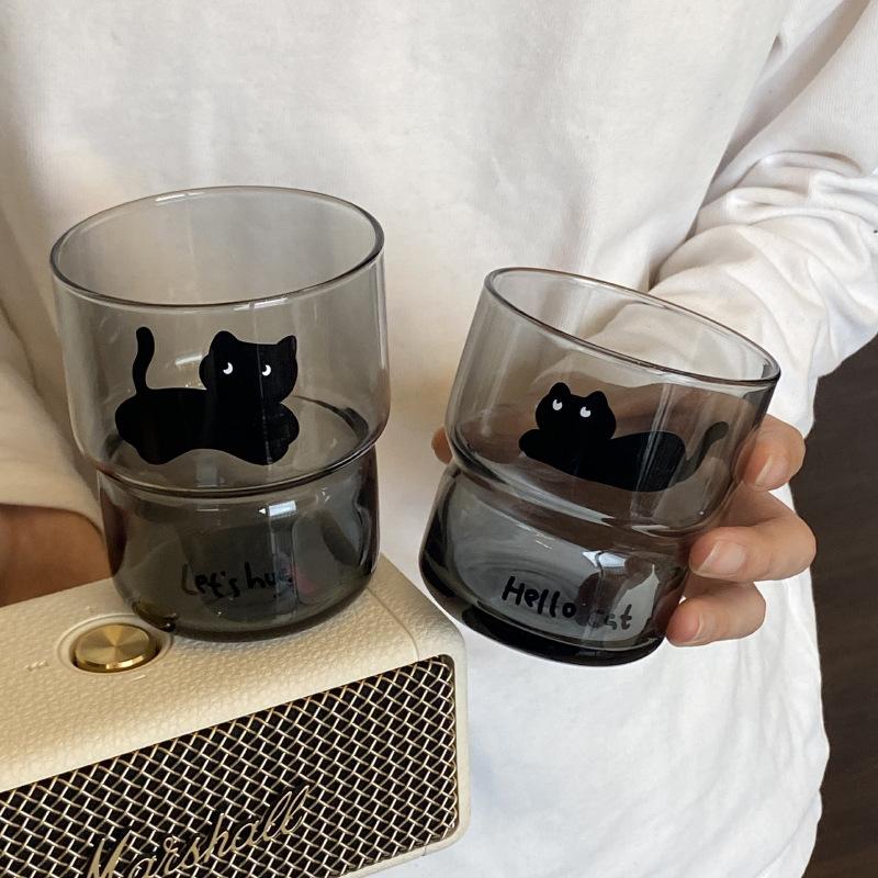 Niche Homemade Black Cat Tempered Glass Cup, Han Nai High Temperature Water Cup Gift, Can Be Stacked Cold Drink Cup
