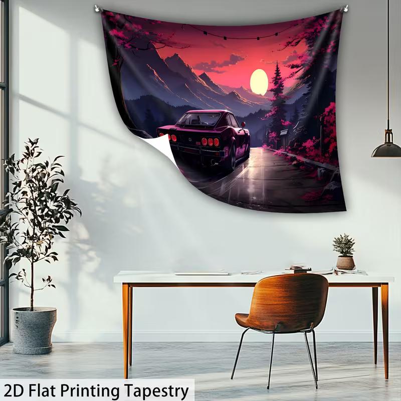 

2D Retro Japanese Car Tapestry, Cherry Blossom Wall Hanging 47.2x31.5inch/120*80cm