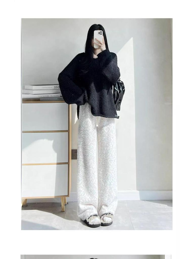 150 Rainbow Dots High-Waist Petite Knitted Wide-Leg Fleece Pants for Women