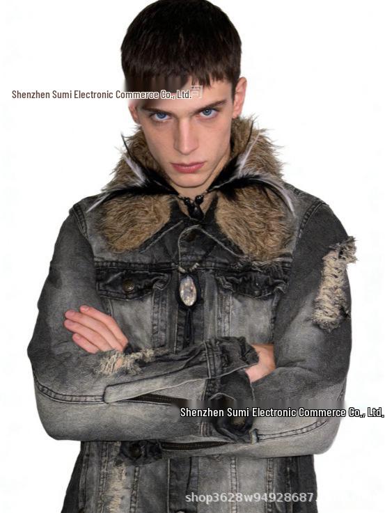 

Distressed Fur Collar Denim Jacket - Unisex Punk Style Large серый