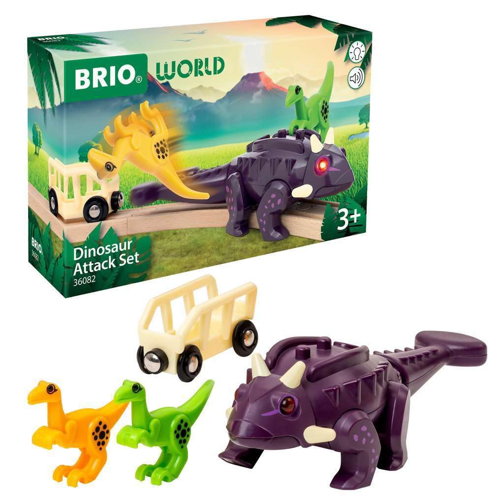 Brio Dinosaur Attack Set for Ages 3 and Wooden Toy Track Gift 36082, Up. [Toy, Train, Set, Scenery, (Birthday/Christmas)]