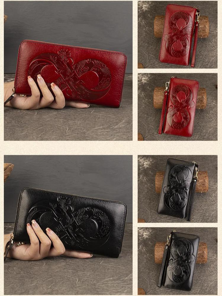 Johnature Vintage Women Long Wallets Genuine Leather Embossed Wallet Card Holder Real Cowhide Large Capacity Hand Purse