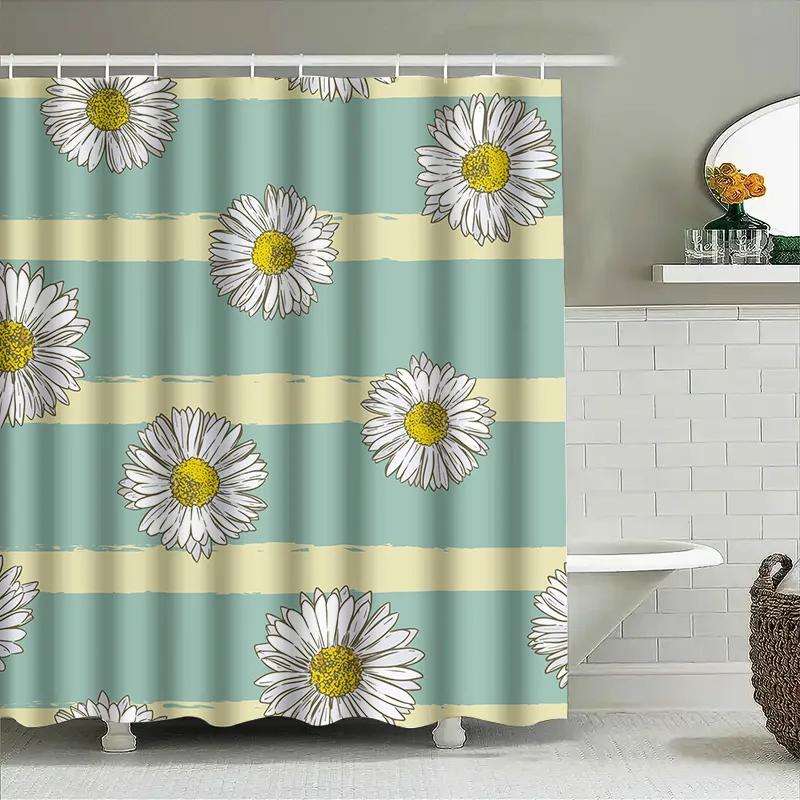 Chic Floral Print Shower Curtain with Yellow Stripe Bath Decor Luxury Waterproof Home Decoration Modern Bathroom Accessories F