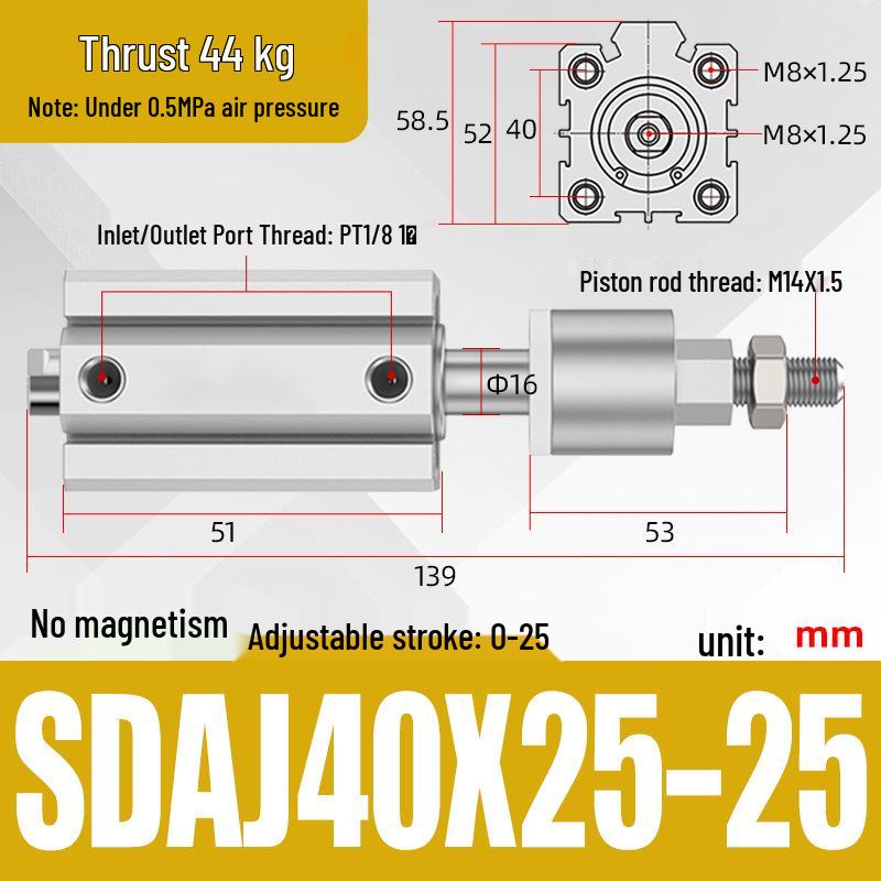 Adjustable Stroke Pneumatic Thin Cylinder - Piston Rod Sizes: 16/20/25/32/40/63