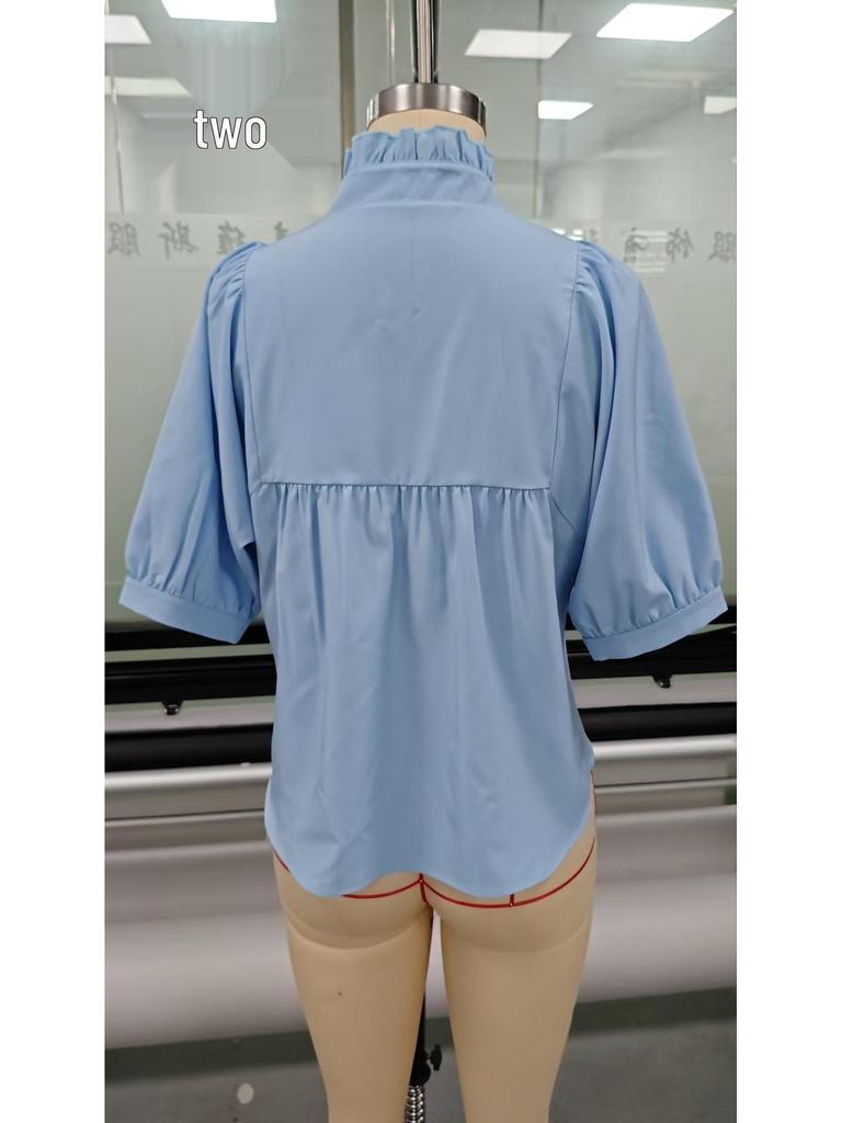 2025 V formos iškirptės moteriški laisvi marškiniai su žibintų rankovėmis, vienspalviai, kasdieniai, klostuoti - Europos ir Amerikos stiliaus